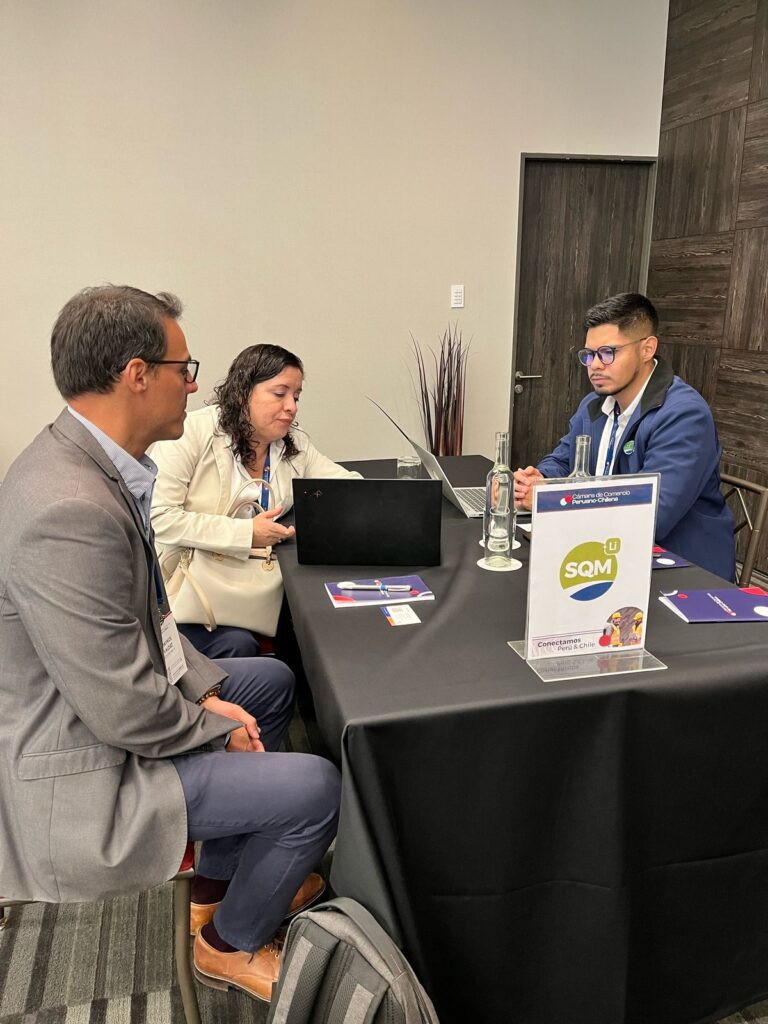 Maykol Valdez y Roxana Burgos durante la rueda de negocios de la Cámara de Comercio Peruano Chilena.